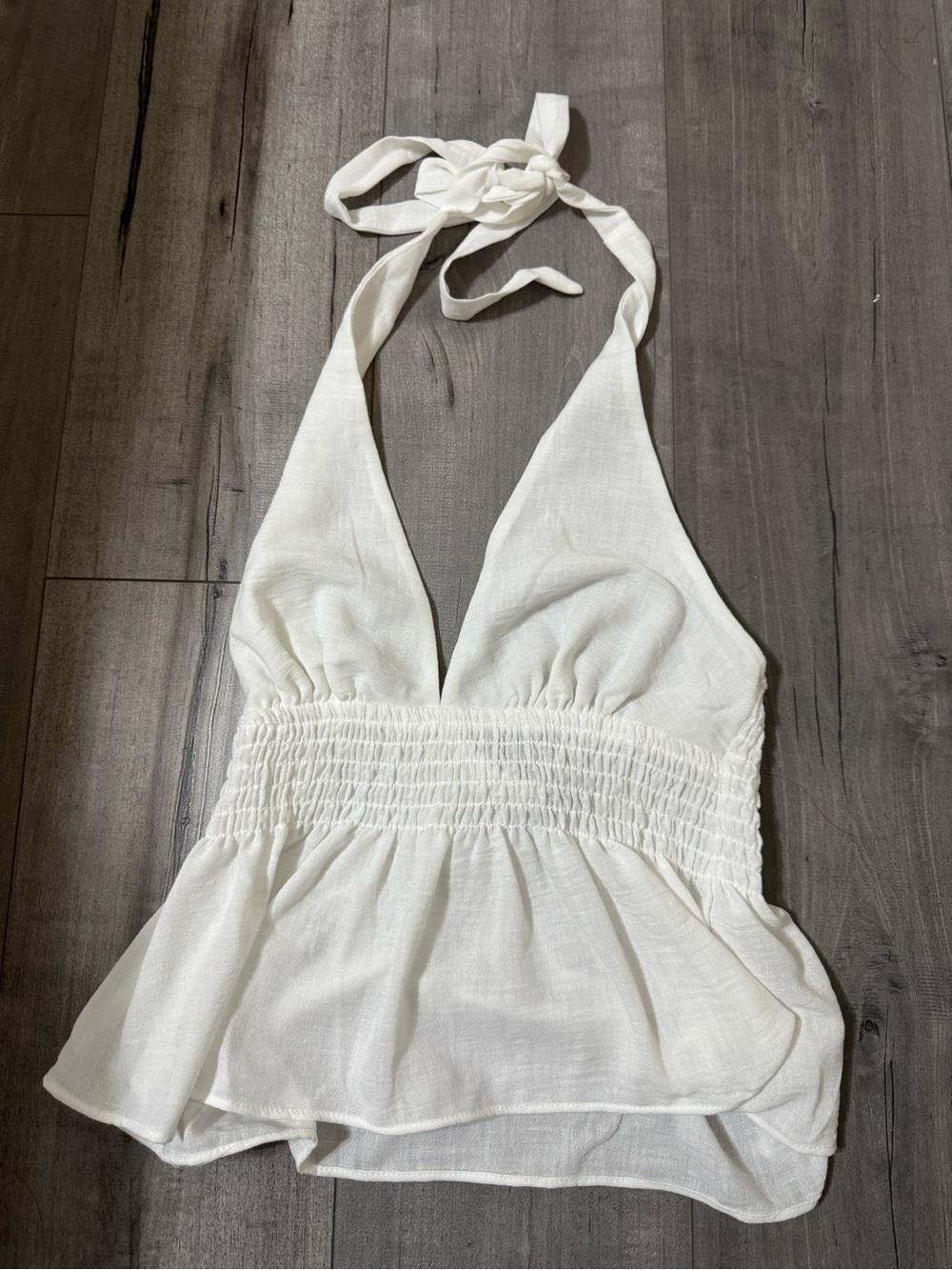 Moa Moa White Halter Smocked Peplum Crop Top